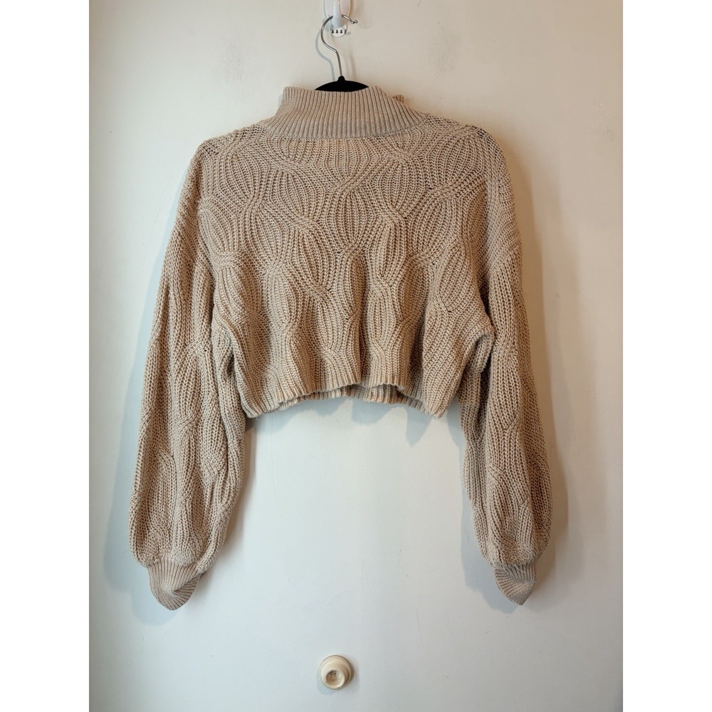 Altar'd State Cable Knit Crop Sweater Small Beige Balloon Sleeve Mock Neck